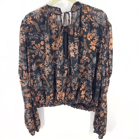 Free People Clarissa Printed Top Size L Boho Puff Long Sleeve Semi Sheer Floral - Picture 5 of 13